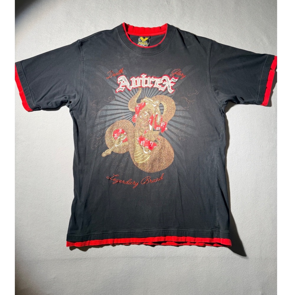 Vintage Y2k Avirex T-Shirt Mens XL Black Red Snake Graphic Death Glory Layered